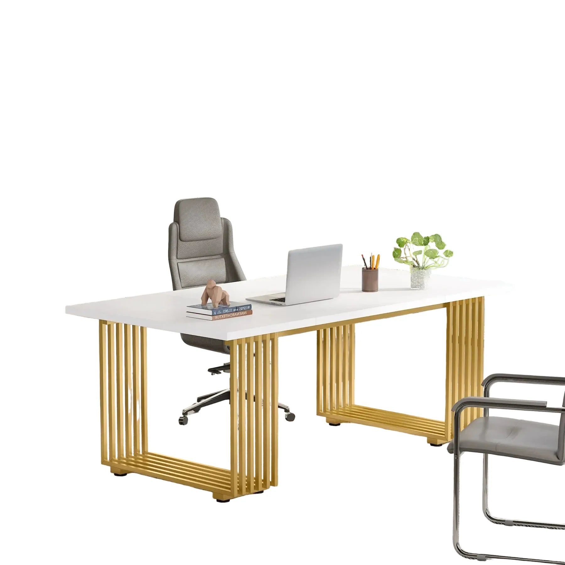 Schreibtisch 180 × 80 cm mit Metallgestell – Computer- und Konferenztisch in Weiß/Gold