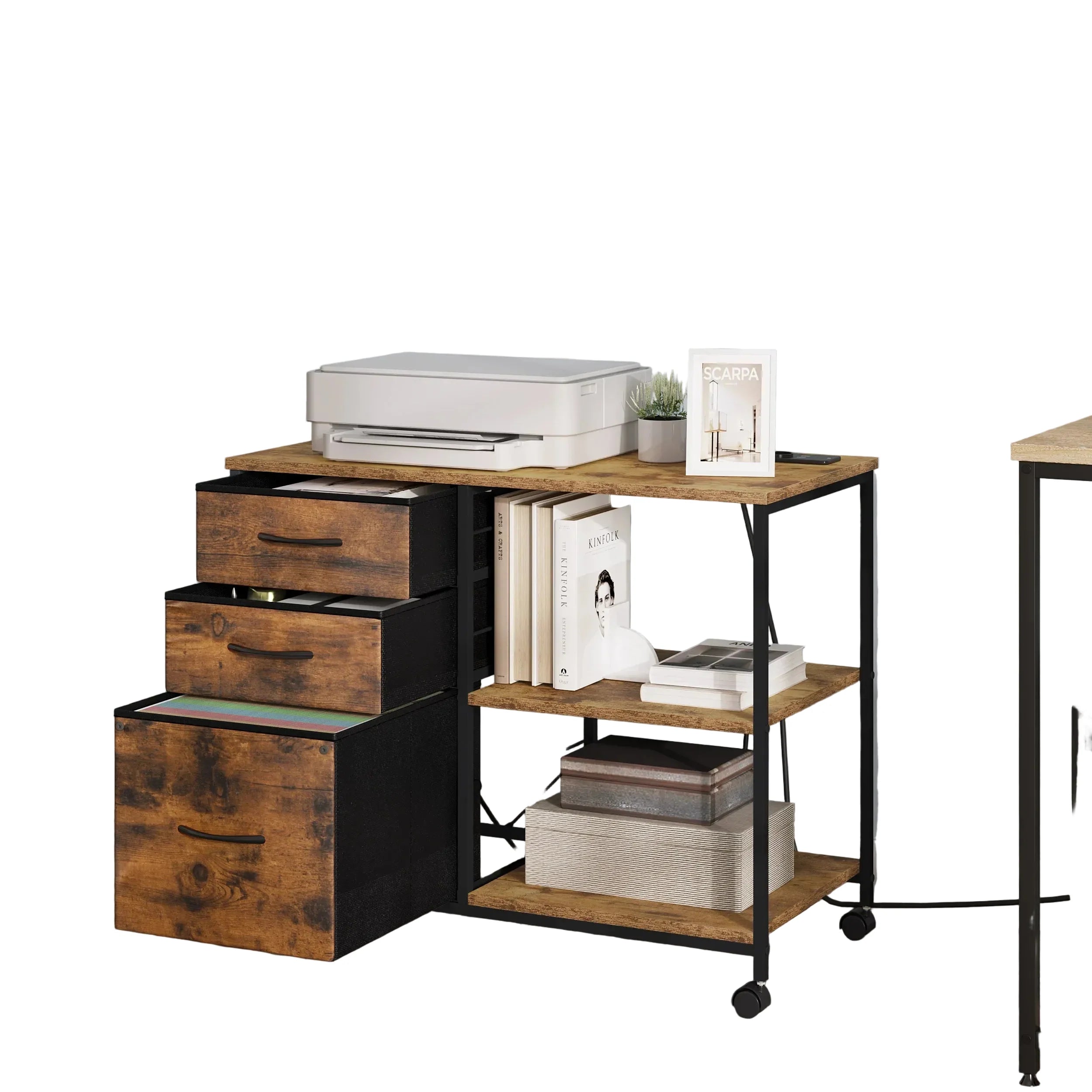 Rollcontainer 80 × 66 × 40 cm mit Ladestation und 3 Stoffschubladen – Druckertisch auf Rollen