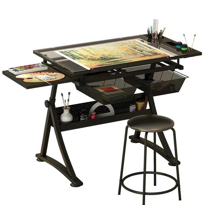 Höhenverstellbarer Zeichentisch mit Glasplatte 74–93 cm – Neigbare Arbeitsfläche 0–80°